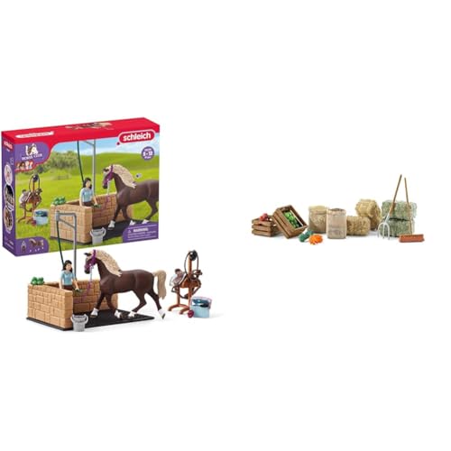 SCHLEICH 42438 HORSE Club Waschplatz mit HORSE Club Emily & Luna & 42105 Futterset, für Kinder ab 3 Jahren, Horse Club - Zubehör, 19 x 11,4 x 6,6 cm von SCHLEICH