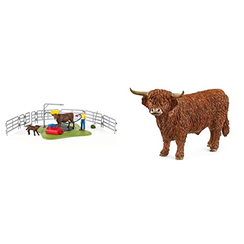 SCHLEICH 42529 Spielset - Kuh Waschstation (Farm World), Mix & 13919 Hochland Bulle von SCHLEICH