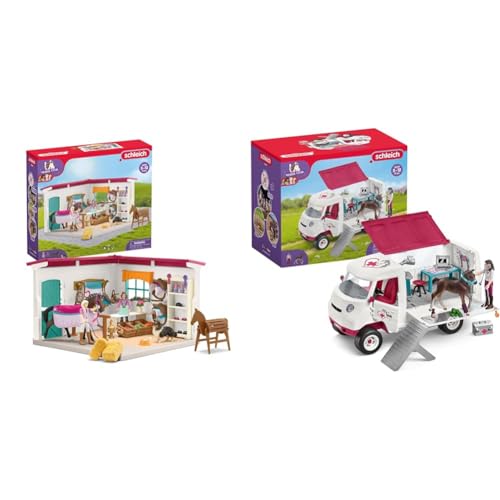 SCHLEICH 42568 Horse Club Reitshop, 67 Teile Spielset Pferde Figur & 42439 Horse Club Mobile Tierärztin mit Hannoveraner Fohlen, 37 Teile Spielset von SCHLEICH