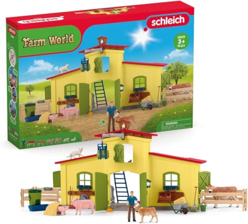 schleich FARM WORLD 42605 Bauernhof Spielset mit Figur und Zubehör - 92-Teiliges Tiere Spielset mit Kuh, Pferd, Schwein, Stier und Zubehör, Fantasievolles Bauernhof Spielzeug ab 3, Gelb von SCHLEICH