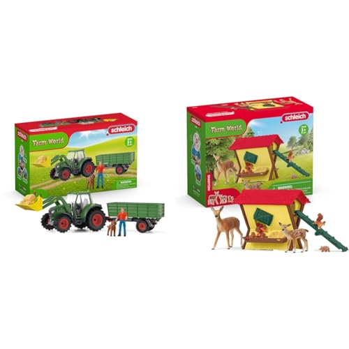 SCHLEICH 42608 Traktor mit Anhänger , ab 3 Jahren, Farm World - Spielset, 50 Teile & 42658 Fütterung der Waldtiere, ab 3 Jahren, Farm World - Spielset, 39 Teile von SCHLEICH