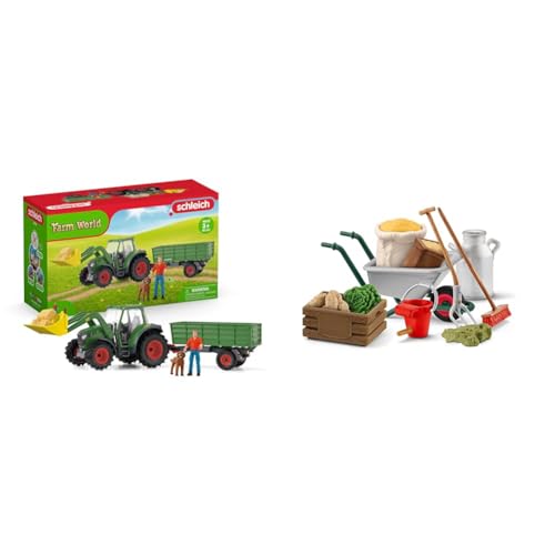 SCHLEICH 42608 Traktor mit Anhänger , ab 3 Jahren, Farm World & Farm World 42610 Bauernhof Zubehör Set für Pferde und Tiere von SCHLEICH