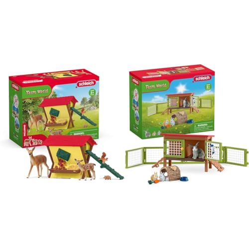 SCHLEICH 42658 Fütterung der Waldtiere, ab 3 Jahren, FARM WORLD - Spielset, 39 Teile & 42420 FARM WORLD Kaninchenstall, 16 Teile Spielset mit 3 Kaninchen Tierfiguren von SCHLEICH