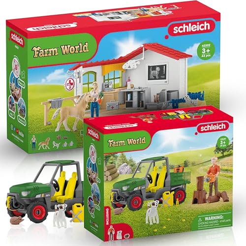 SCHLEICH 42659 Waldbauer mit Fahrzeug 42502 Tierarzt-Praxis mit Haustieren - Abenteuer und Tierpflege vereint! von SCHLEICH