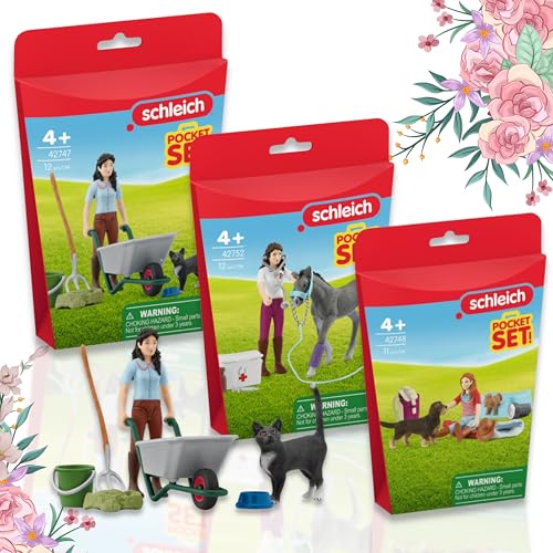 SCHLEICH 42752 Mrs. Kramer mit Fohlen 42748 Übernachtung mit Hannah 42747 Ausmist-und Pflegeset - für unvergessliche Abenteuer und Pflegezeiten! von SCHLEICH