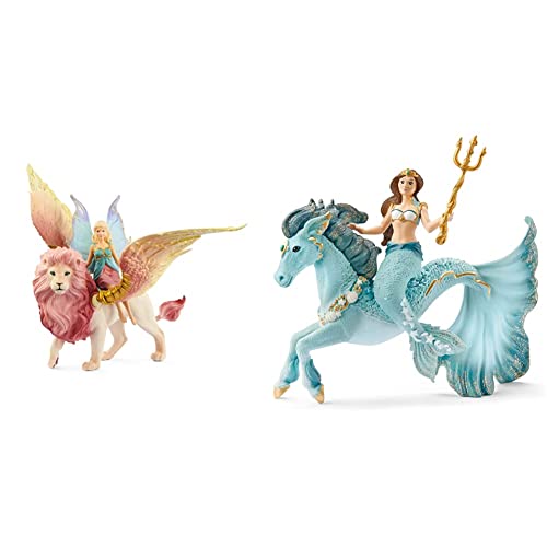 SCHLEICH 70714 Elfe auf geflügeltem Löwe, für Kinder ab 5-12 Jahren, BAYALA - Spielfigur & 70594 Meerjungfrau-Eyela auf Unterwasserpferd, für Kinder ab 5-12 Jahren, BAYALA - Spielfigur von SCHLEICH