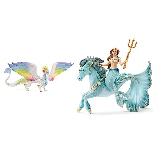 SCHLEICH 70728 Regenbogendrache, für Kinder ab 5-12 Jahren, BAYALA - Spielfigur & 70594 Meerjungfrau-Eyela auf Unterwasserpferd, für Kinder ab 5-12 Jahren, BAYALA - Spielfigur von SCHLEICH