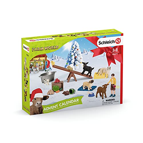 schleich FARM WORLD 98271 Adventskalender Kinder - Bauernhof Tierfiguren und Kind - Echte Tiere Ziege, Katze, Hund, Kalb, Kätzchen, Meerschweinchen, Landwirt und Zubehör - ab 5 Jahren von SCHLEICH