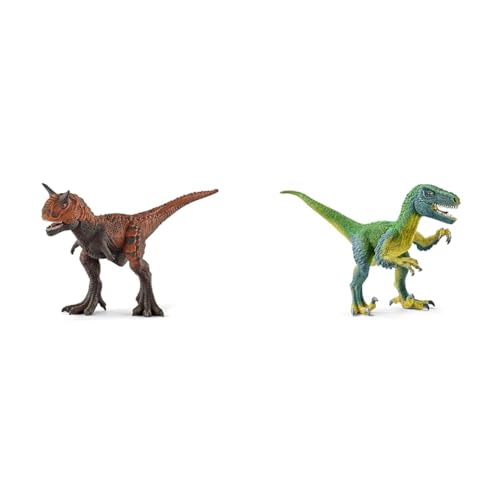 SCHLEICH Dinosaurs 14586 Realistischer Carnotaurus Dino & Dinosaurs 14585 Realistische Velociraptor Dino Figur mit Beweglichem Kiefer von SCHLEICH