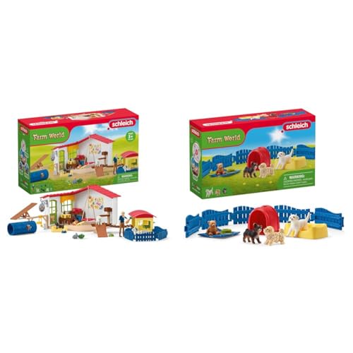 SCHLEICH Farm World 42607 Bauernhof Baby Tierhotel mit Tierpflegerin & Farm World 42480 13-Teiliges Welpenstube Bauernhof Spielset von SCHLEICH