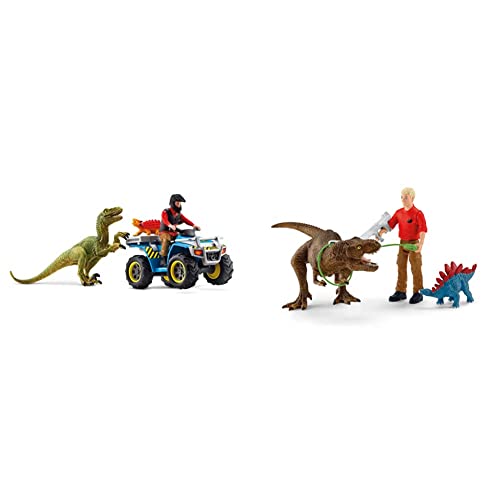 Schleich 41466 Dinosaurs Spielset - Flucht auf Quad vor Velociraptor, Spielzeug ab 5 Jahren & 41465 Dinosaurs Spielset - Tyrannosaurus Rex Angriff, Spielzeug ab 5 Jahren von SCHLEICH