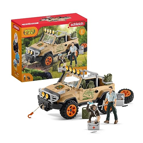 schleich WILD LIFE 42410 Realistischer Schimpanse, Jeep und Ranger 16-Teiliges Tiere Spielset - Wild Adventure Jeep, Schimpanse, Ranger und Zubehör Tiere Figuren Sets für Kinder ab 3 Jahren von SCHLEICH