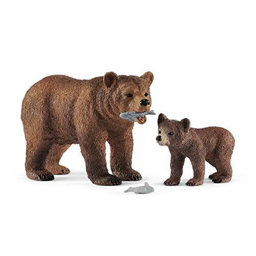 schleich WILD LIFE 42473 Realistische Grizzlybärenmutter, Jungtier und Fisch - 4-teiliges Tiere Set - Robuste, Pädagogisch Wertvolle Tiere Figuren Sets für Fantasievolles Spiel ab 3 von SCHLEICH