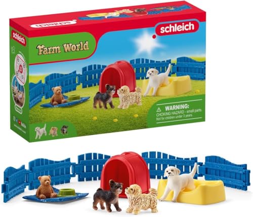 schleich FARM WORLD 42480 13-Teiliges Welpenstube Bauernhof Spielset - Mit 3 Welpenfiguren und Zubehör - Langlebiges Bauernhof Spielzeug, Pädagogisches Tiere Set ab 3 Jahren von SCHLEICH