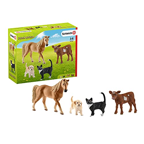 SCHLEICH Farm World Starterspielset, Bauernhof-Spielset, Geschenke für Kleinkinder und Kinder mit Katze, Pferd, Welpe und Kuh, 4-teiliges Set, ab 3 Jahren von SCHLEICH