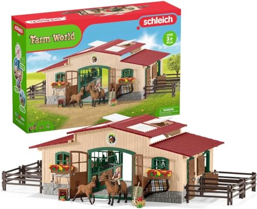 schleich 42195 FARM WORLD Stall mit Pferden und Zubehör, 96 Teile Pferdestall Spielset mit 2x schleich Pferde Figuren, 1x Reiterin-Figur & viel Zubehör, Spielzeug für Kinder ab 3 Jahren von SCHLEICH