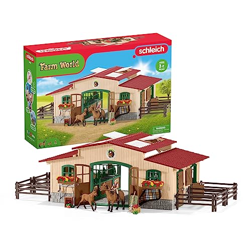 schleich FARM WORLD | Pferdestall mit Pferden und Zubehör 42195 | Set inkl. Stall, 2 Pferden, beweglicher Mädchenfigur und Zubehör | Bauernhof Spielzeug ab 3 Jahre | 96 Teile | exklusiv bei Amazon von SCHLEICH