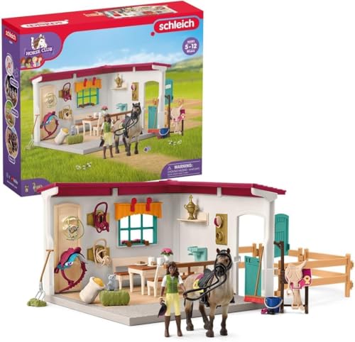 schleich HORSE CLUB | Sattelkammer 42591 | Spielset inkl. Pferdefigur, beweglicher Mädchenfigur, Paddock und viel Pferde Zubehör | tolles Geschenk für Kinder | Pferde Spielzeug ab 5 Jahre | 85 Teile von SCHLEICH