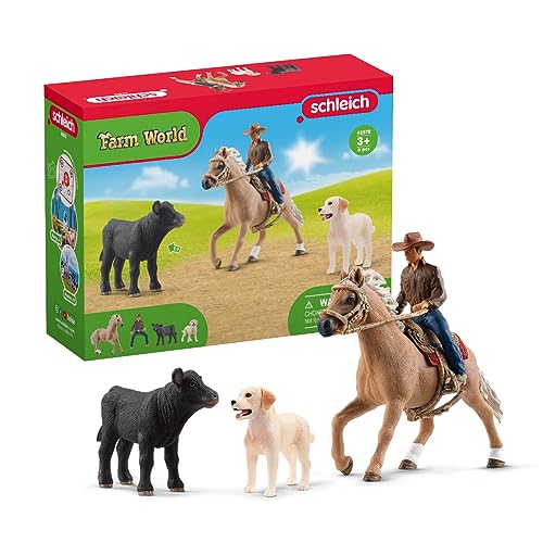 SCHLEICH Farm World | Westernreiten 42578 | Bauernhof Set mit Cowboy, Pferd, Kuh und Hund sowie Zaumzeug & Sattel | Western Rodeo Zubehör | Bauernhof Spielzeug ab 3 Jahre Set aus 6 Teilen SCHLEICH Farm World | Westernreiten 42578 | Bauernhof Set mit Cowboy, Pferd, Kuh und Hund sowie Zaumzeug & Sattel | Western Rodeo Zubehör | Bauernhof Spielzeug ab 3 Jahre Set aus 6 Teilen von SCHLEICH