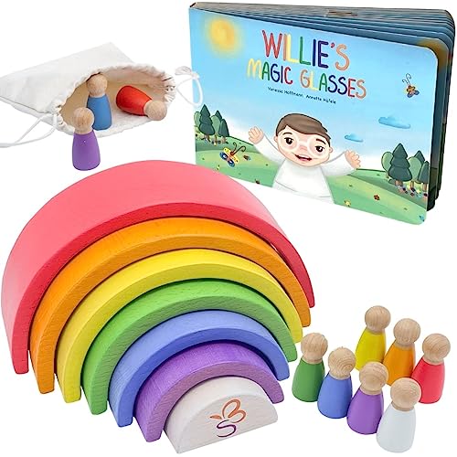 SCHMETTERLINE® Regenbogen-Holz Spiel inkl. Holzfiguren & englisches Vorlesebuch – Montessori-Regenbogen Spielzeug aus Holz für Kinder ab 3 Jahren von SCHMETTERLINE