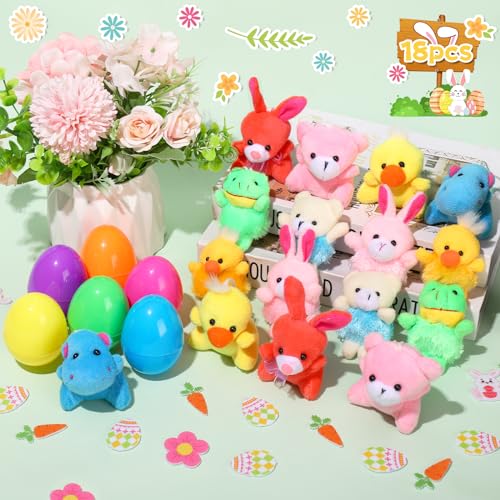 SCIONE 18PCS Vorgefüllte Graduierung mit Mini Plüschtiere Bunte Ostereierjagd Gefüllt mit Osterkuscheltieren Ostergeschenke für Kinder Osterspiele Ostereier zum Befüllen von SCIONE