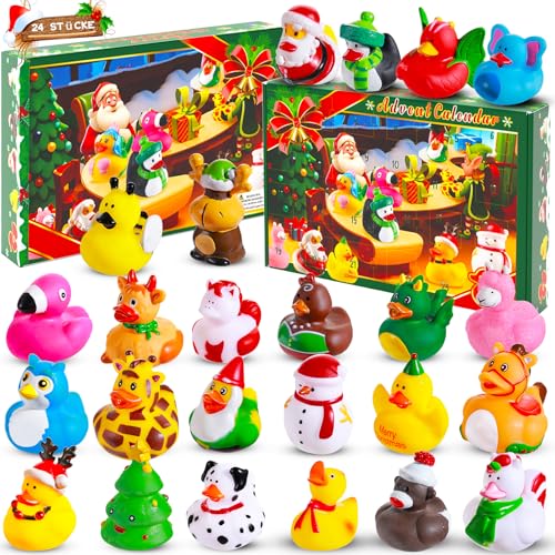 SCIONE 24 STK Gummi Enten Adventskalender 2024 Weihnachten Gummi Enten Badespielzeug 24 Tage Überraschungen Countdown Geschenk für Kleinkinder Jungen Partytütenfüller von SCIONE