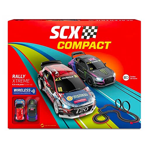 Compact Circuit Rally Xtreme 6,60 m of Track, with: 2 Cars mit Licht – 2 Looping – Bridge Halterungen – Fenster – 2 Wireless Controls – 1 Transformer 12 V – Maße 156 x 123 cm von SCX