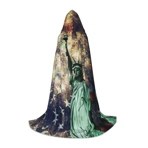 SDFCUMDM Statue Liberty Flagge Feuerwerk Druck Kapuzenumhang für Jugendliche für Halloween Cosplay Kostüme von SDFCUMDM