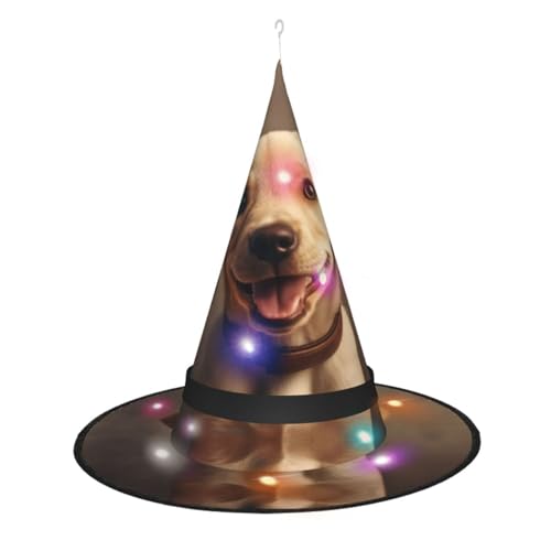 SDFHU Niedlicher Labrador-Hunde-Druck, stilvoller Halloween-Hexenhut, Kostüm, Zubehör, beleuchteter Hexenhut, Weihnachtsdekoration von SDFHU