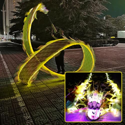 SDFVSDF Tanzband LED-Tanzdrachen-Poi mit Lichtern und Drachenkopf, Outdoor-Sport-Fitness-Drachentanzband für Die Nacht, Chinesisches Loong-Formkunst-Tanz-Requisitenset(Yellow,10 m (33 ft)) von SDFVSDF