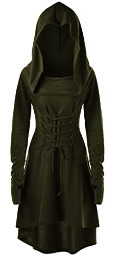 SEAUR Damen Mittelalter Kleid Cosplay Kostüm Grün Gothic Kleid mit Kapuze Langarm Renaissance Kleid für Halloween Karneval Party - M von SEAUR