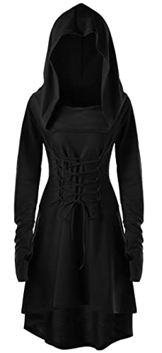 SEAUR Damen Mittelalter Kleid Cosplay Kostüm Schwarz Gothic Kleid mit Kapuze Langarm Renaissance Kleid für Halloween Karneval Party - M von SEAUR