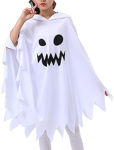 SEAUR Geisterkostüm Kinder Halloween Umhang Gespenst mit Geistergesicht Cosplay Geist Kinderkostüme mit Kapuze Weiß für Karneval Fasching Party 120-135cm von SEAUR