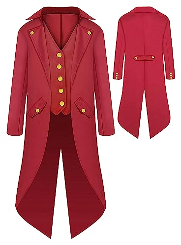 SEAUR Gothic Frack Jacke Jungen Rot Steampunk Mantel Cosplay Kinder Kostüm Mittelalter Halloween Karneval Fasching 155 von SEAUR