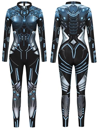 SEAUR Halloween Kostüm Damen Jumpsuit Kostüm 3D Print Langarm Skinny Catsuit Bodycon Legging Karneval Kostüm für Verkleidungsparty Grau M von SEAUR