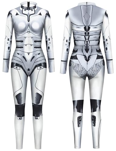 SEAUR Halloween Kostüm Damen Overall Karneval Kostüm Erwachsene 3D Print Langarm Skinny Skeleton Catsuit für Verkleidungsparty Weiß XL von SEAUR