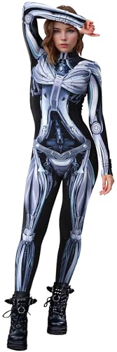 SEAUR Halloween Kostüm Damen Roboter Jumpsuit Cosplay Overall Skelett Knochen Anzug Karneval Fasching - S von SEAUR