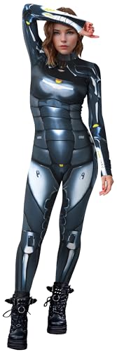 SEAUR Halloween Kostüm Damen Roboter Jumpsuit Cosplay Overall Skelett Knochen Anzug Karneval Fasching - S von SEAUR