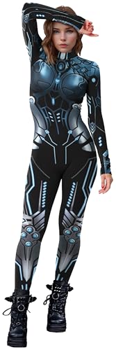 SEAUR Halloween Kostüm Damen Roboter Jumpsuit Cosplay Overall Skelett Knochen Anzug Karneval Fasching - S von SEAUR