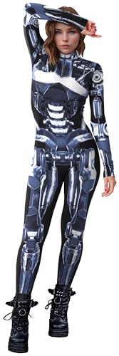 SEAUR Halloween Kostüm Damen Roboter Jumpsuit Cosplay Overall Skelett Knochen Anzug Karneval Fasching - S von SEAUR