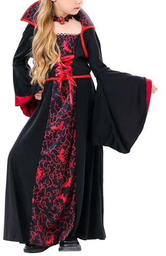 SEAUR Hexenkostüm Mädchen Kostüm Hexe Kostüm Zauberin Bestens Elegante Lange Hexenkleid Vampirkostüm Karneval Fasching M Rot von SEAUR