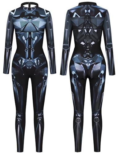 SEAUR Kostüm Damen 3D Roboter Rüstung Overall Body Anzug Karneval Sets Skinny Skeleton Catsuit Ganzkörperanzug für Party Karneval Hellgrau L von SEAUR