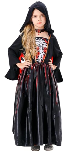 SEAUR Langarm Elegant Kleid Schickes Kinder Mädchen Vampirkostüm mit Kapuze Freizeit Kleid Karneval Fasching Kostüme L Schwarz von SEAUR