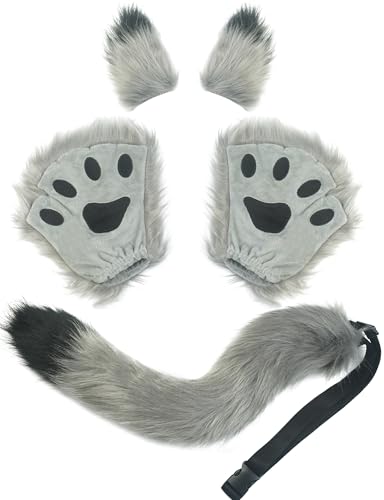 SEAUR Wolf Fuchs Kostüm Tier Schwanz Ohren Pfoten Cosplay Set Haarreif für Kinder Erwachsene Halloween Karneval Fancy Party von SEAUR