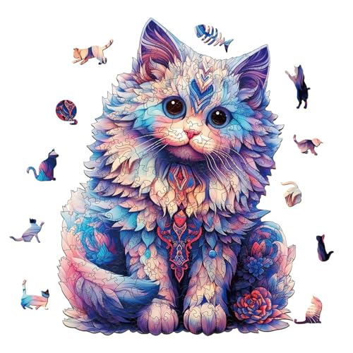 SECOGM Holzpuzzle Erwachsene, Holzpuzzle 100 Teile,Unregelmäßiges Tier Geformtes Hölzernes Puzzle, Puzzle Holz Erwachsene mit Geschenkbox aus Holz, Niedliche Ragdoll Katze Puzzle (S-16.2 * 21.5cm) von SECOGM