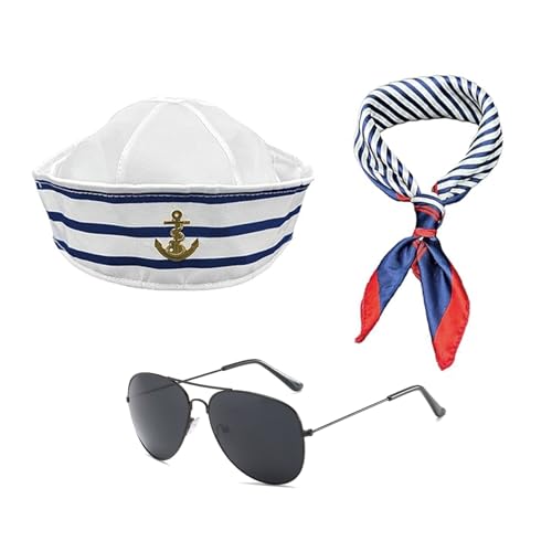 SEFIRST 3 Stück Kapitän Matrosen Kostüm Set, Matrosenmütze Schal Sonnenbrille, Gestreift, Matrosenschiff-Kappe, marineblaues Outfit für Verkleidung Party, Kostümzubehör für Damen und Herren von SEFIRST