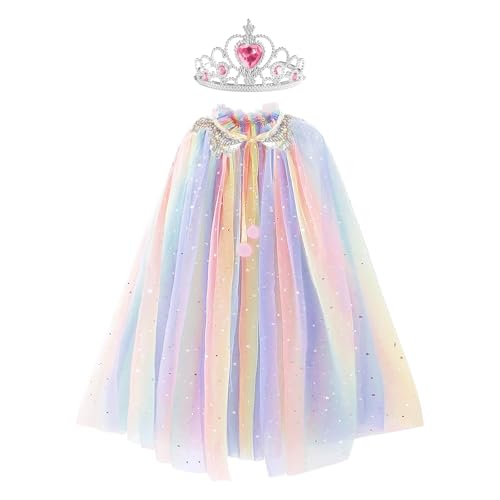 SEFIRST Prinzessin Umhang Kinder Mädchen, Prinzessin Kostüm mit Krone, Halloween Kostüm Umhang, Tüll Glitzer Pailletten Prinzessin Cape, Verkleidung Prinzessin für Karneval Cosplay Party (Bunt, 75cm) von SEFIRST