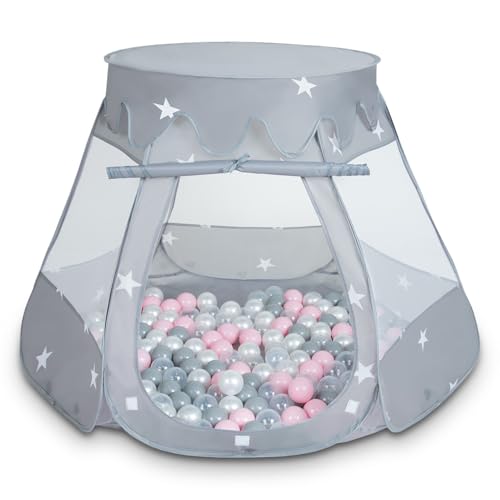 Selonis Baby Spielzelt Mit Plastikbällen Zelt 105X90cm/100 Bälle Plastikkugel Kinder, Grau:Perle-Grau-Transparent-Puderrosa von SELONIS