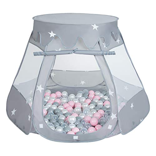 Selonis Baby Spielzelt Mit Plastikbällen Zelt 105X90cm/100 Bälle Plastikkugel Kinder, Grau:Perle-Grau-Transparent-Puderrosa von SELONIS