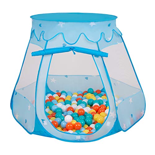 Selonis Baby Spielzelt Mit Plastikbällen Zelt 105X90cm/300 Bälle Plastikkugel Kinder, Blau:Weiß-Gelb-Orange-Babyblau-Türkis von SELONIS